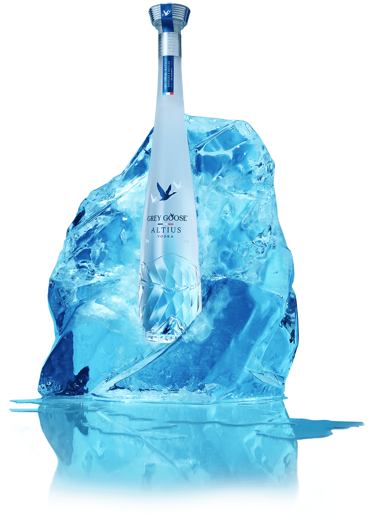 A bottle of Grey Goose Altius in a block of ice